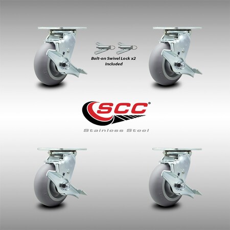 Service Caster 5 Inch SS Thermoplastic Caster Set with Roller Bearing 4 Brake 2 Swivel Lock SCC SCC-SS30S520-TPRRD-TLB-BSL-2-TLB-2